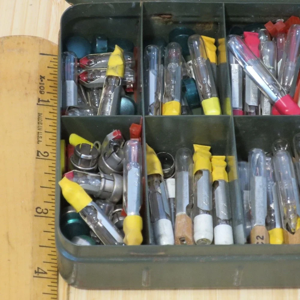 Vintage Assorted Lot of Slide Base Telephone Light Bulbs in Metal Case Lineman 2